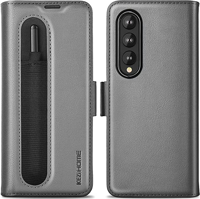 Photo 1 of 2 COUNT- KEZiHOME Samsung Galaxy Z Fold 3 Wallet Case with S Pen Holder, PU Leather [RFID Blocking] Card Slots Kickstand Shockproof Flip Phone Cover Case Compatible with Galaxy Z Fold 3 5G (2021) (Gray)