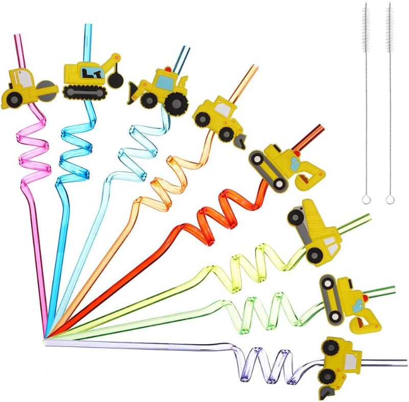 Photo 1 of 24PCS Reusable Construction Straws Excavator Bulldozer Blender Truck for Construction Theme Birthday Party Supplies, Plastic Straws For Construction Party Favors with 2 Cleaning Brushes
