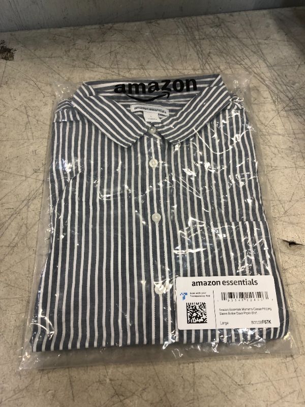 Photo 2 of Amazon Essentials Women's Classic-Fit Long-Sleeve Button-Down Poplin Shirt Large Indigo, Stripe