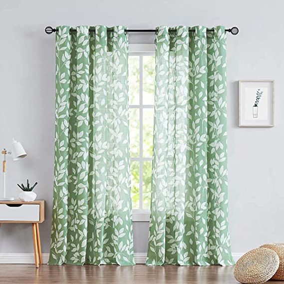 Photo 1 of 1 Panel 84 inch Long Window Room Curtain Drapery Tab Top/ Rod Pocket (1 Panel, Green, White Leaf, W40 x L84 inch)