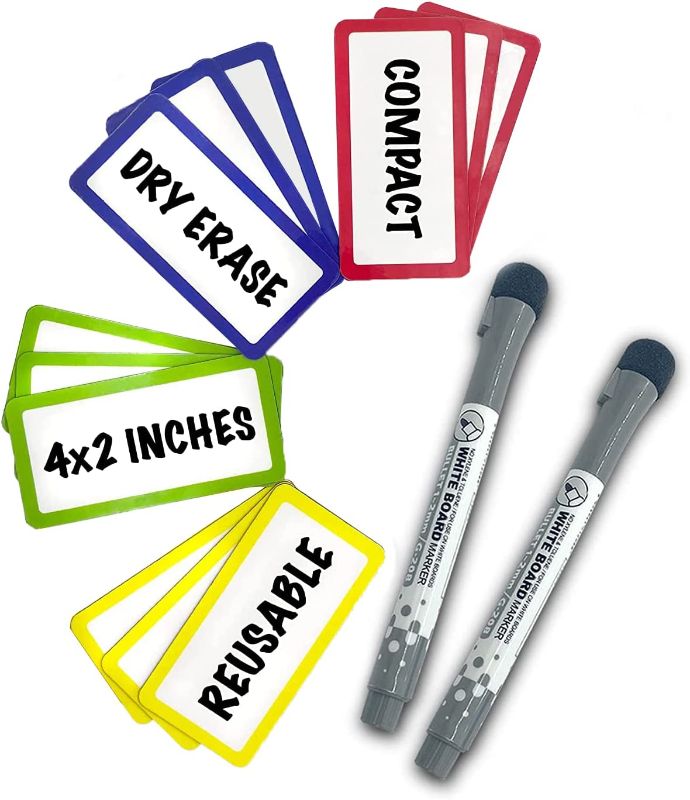 Photo 1 of 12 PC Magnetic Dry Erase Label Set with 2 Magnetic Pens + Built-in Eraser – 4 inch x 2 inch 1mm Thickness, Reusable, Compact Sized for Organization Use in Office, Home, Classroom (12 Pieces) / PRODUCT IS FACTORY SEALED 
