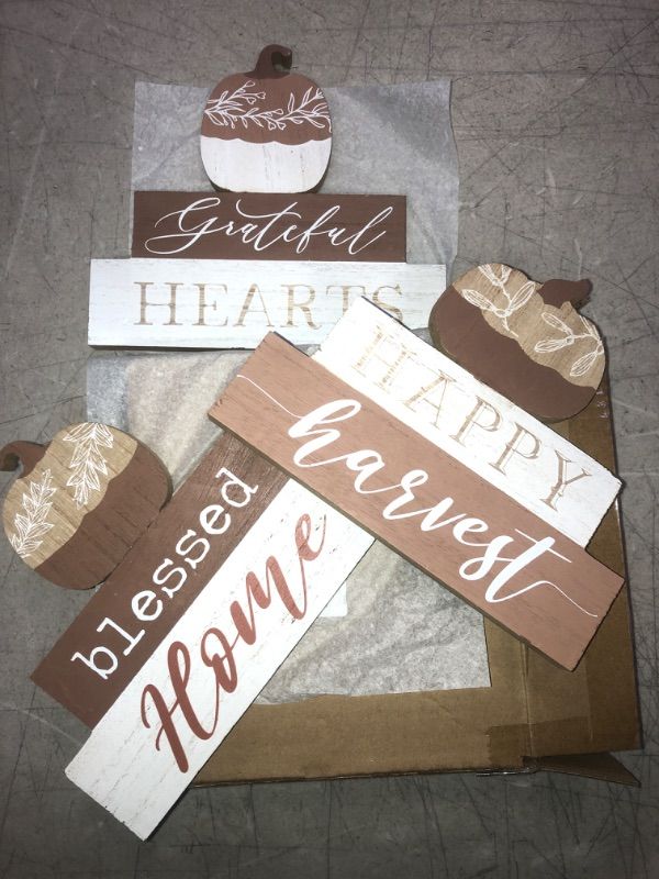 Photo 2 of 3 Pcs Fall Decorations for Home Blessed Grateful Thankful Sign Fall Decor Thanksgiving Decorations Wooden Pumpkin Tabletop Signs for Home Thanksgiving Farmhouse Living Room Harvest White