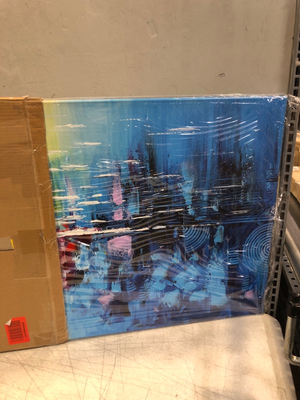 Photo 1 of Abstract Cityscape Wall Art Handmade Blue Modern City Building Reflection Oil Paintings on Canvas Blue 48 x 24 inch