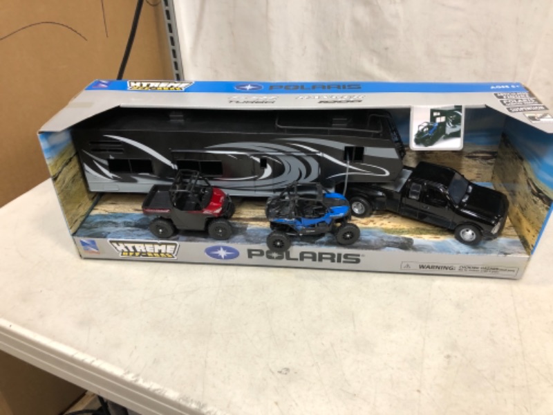 Photo 2 of New Ray Toys Die cast Pick up Truck with Toy Hauler and 2 Polaris Vehicles (Blue RZR and red Ranger)