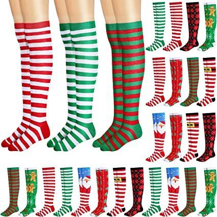 Photo 1 of 27 Pairs Christmas Thigh High Socks Women Christmas Knee High Socks Bulk Xmas Socks Gifts Novelty Thigh High Socks for Women Girls Xmas Cosplay
