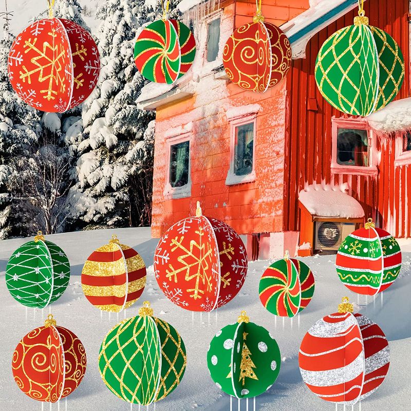 Photo 1 of 10 Sets 3D Christmas Balls Yard Signs Large Christmas Outdoor Decorations Colorful Outdoor Lawn Decorations Big Christmas Ball Holiday Yard Signs with 40 Pcs Plastic Stakes for Xmas Winter Party Decor 2 pack 
