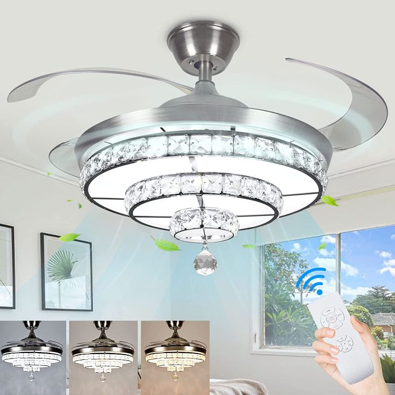 Photo 1 of 42'' Crystal Ceiling Fan with Light, 36W Modern Ceiling Fan Remote, 3-Blade Retractable Led Fan Chandelier Indoor for Living Room, Bedroom, Dining Room, Color Changeable