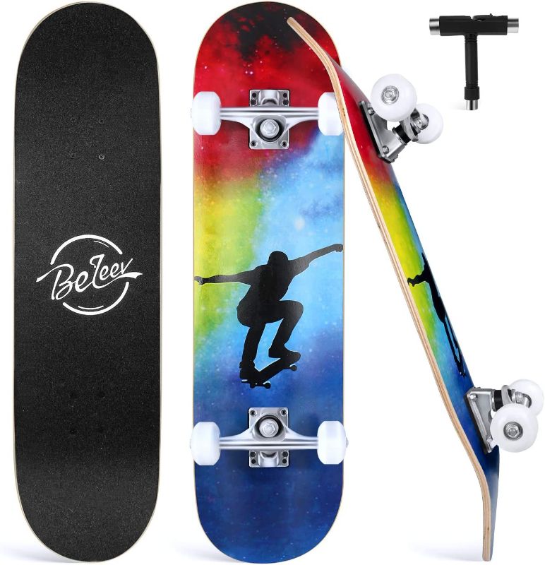 Photo 1 of BELEEV Skateboards for Beginners, 31 x 8 inch Complete Skateboard for Kids Teens Adults, 7 Layer Canadian Maple Double Kick Deck Concave Cruiser Trick Skateboard with All-in-One Skate T-Tool
