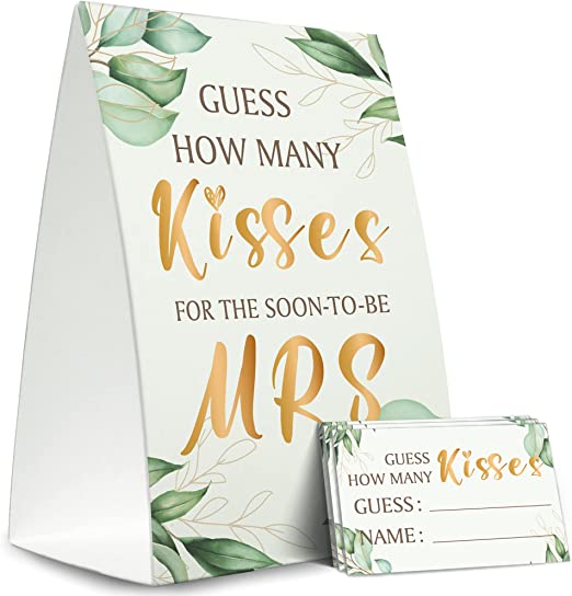 Photo 1 of 
Bridal Shower Game Cards Kit (1 Standing Sign + 50 Guessing Cards),Greenery Golden,Guess How Many Kisses For The Soon To Be Mrs,Bridal Tribe Party - RH17