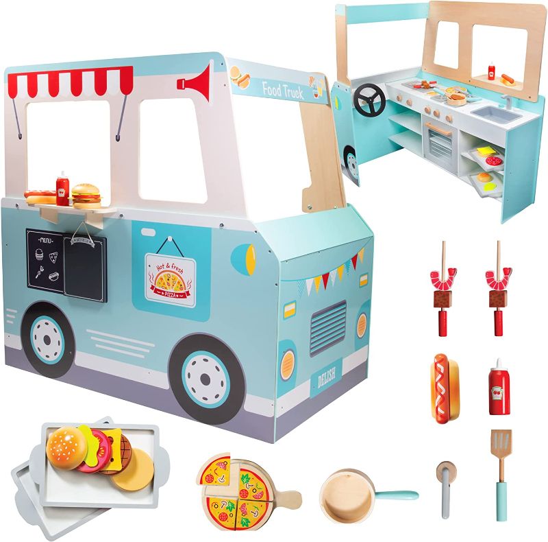 Photo 1 of Food Truck Wooden Playset, 20 Fun Toy Pieces Including Cook Top, Steering Wheel, Sticker Sheet for Kids Name, Includes Food Tray, Pizza Slices & More,