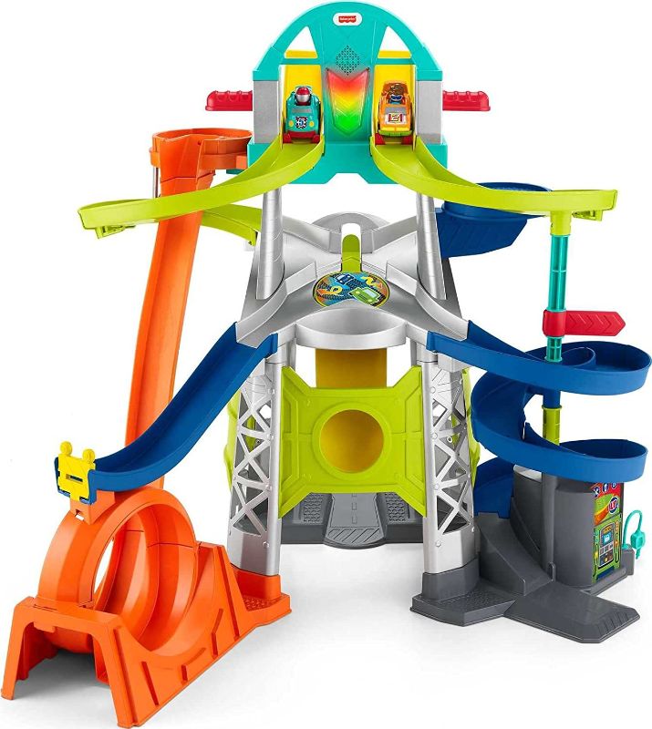 Photo 1 of 
Fisher-Price Little People Toddler Race Track Playset with Lights Sounds and Hot Wheels Racing Loop, 2 Wheelies Cars, Launch & Loop Raceway