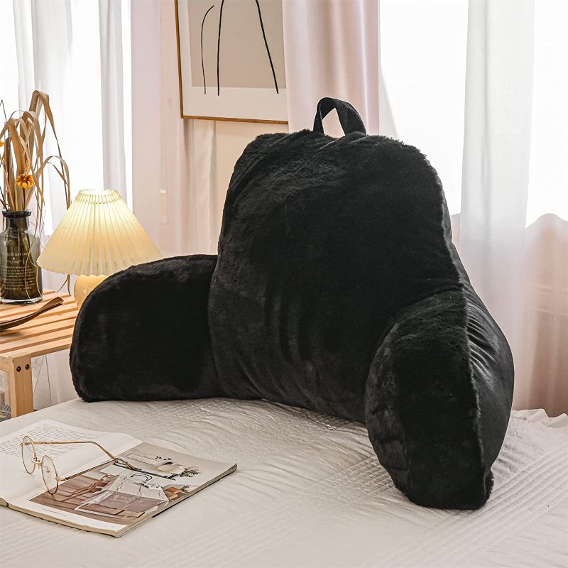 Photo 1 of A Nice Night Faux Fur Reading Pillow Bed Wedge Large Adult Children Backrest with Arms Back Support for Sitting Up in Bed / Couch for Bedrest,Black
