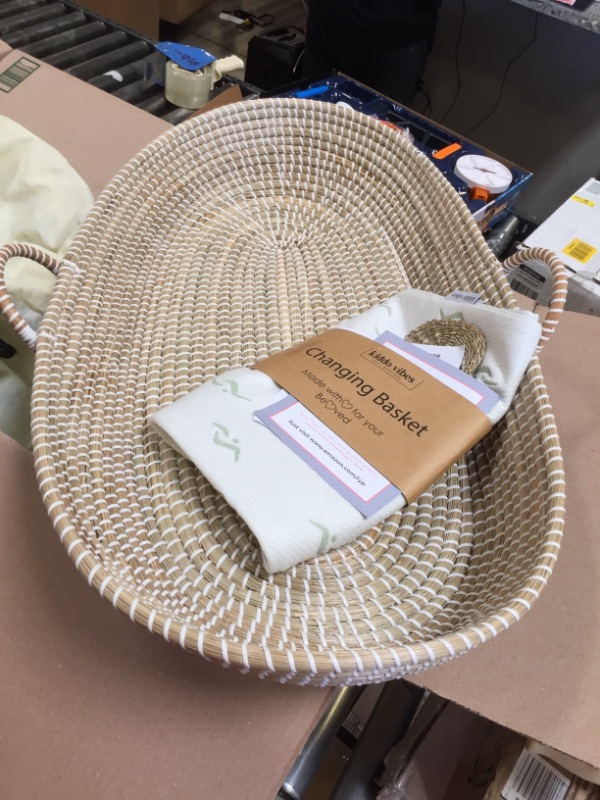 Photo 2 of Handwoven Baby Changing Basket with Pad & 3 Waterproof Bamboo Jacquard Covers - Multifunctional CPSC Compliant Organic Seagrass Baby Moses Basket Bassinet with a Soft Thick Waterproof Changing Pad
