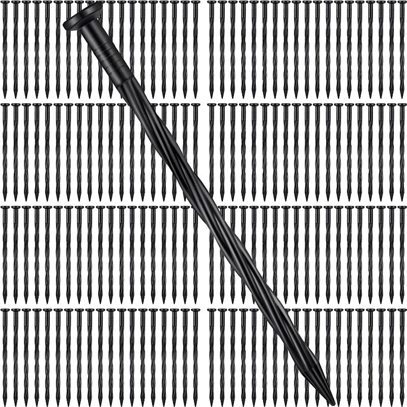 Photo 1 of 250 Pcs 8 Inch Plastic Edging Stakes Nails Spiral Nylon Landscape Anchoring Spikes Spiral Garden Lawn Artificial Turf Nails for Paver Edging Weed Barriers Artificial Turf Tent Accessories (Black)