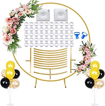 Photo 1 of 7.2ft Round Backdrop Stand Circle Balloon Arch Frame Kit Decoration with Table Stand Large Size Metal Golden Circle for Baby Shower Wedding Birthday Party Photo Background Decoration (Gold)

