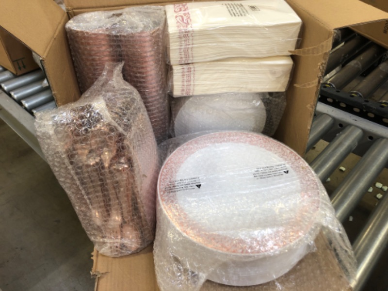 Photo 2 of 350 Piece Rose Gold Dinnerware Set 50 Guest-100 Rose Gold Lace Plastic Plates-50 Rose Gold Plastic Silverware-50 Plastic Cups-50 Linen Like Paper Napkins,FOCUSLINE Disposable Dinnerware Set