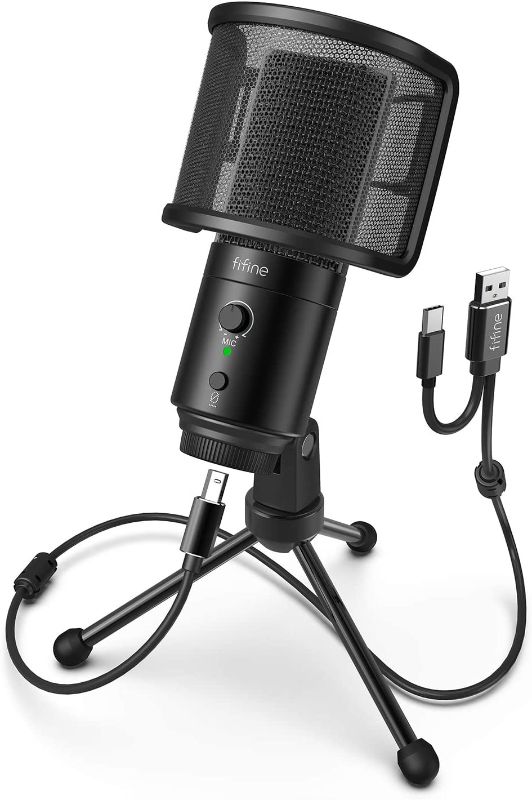 Photo 1 of FIFINE USB Desktop PC Microphone with Pop Filter for Computer and Mac, Studio Condenser Mic with Gain Control Mute Button Headphone Jack for Gaming Streaming Recording YouTube, Extra USB-C Plug -K683A
