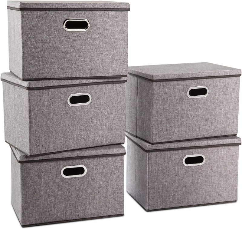 Photo 1 of PRANDOM Large Collapsible Storage Containers with Lids [5-Pack] Linen Fabric Foldable Storage Bins Boxes Organizer Baskets Cube with Cover for Home Bedroom Closet Office Nursery (17.7x11.8x11.8)