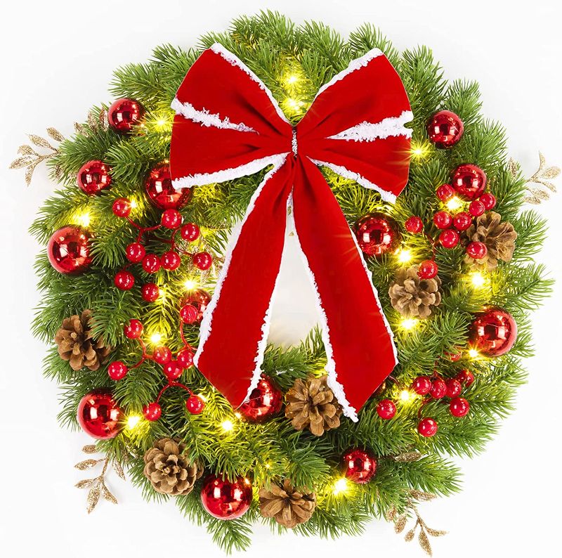 Photo 1 of 
Quntis Christmas Wreaths for Front Door, 16 Inch 40 LED Lighted Red Bow Christmas Wreath with PineCones Red Berries Ball Ornaments, Artificial Xmas Wreath...
