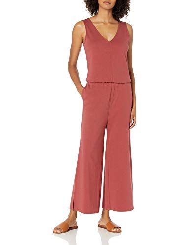 Photo 1 of  2 PK - Daily Ritual Women's Pima Cotton and Modal Interlock Sleeveless Wide-Leg Jumpsuit Brick Red -- SIZE MEDIUM