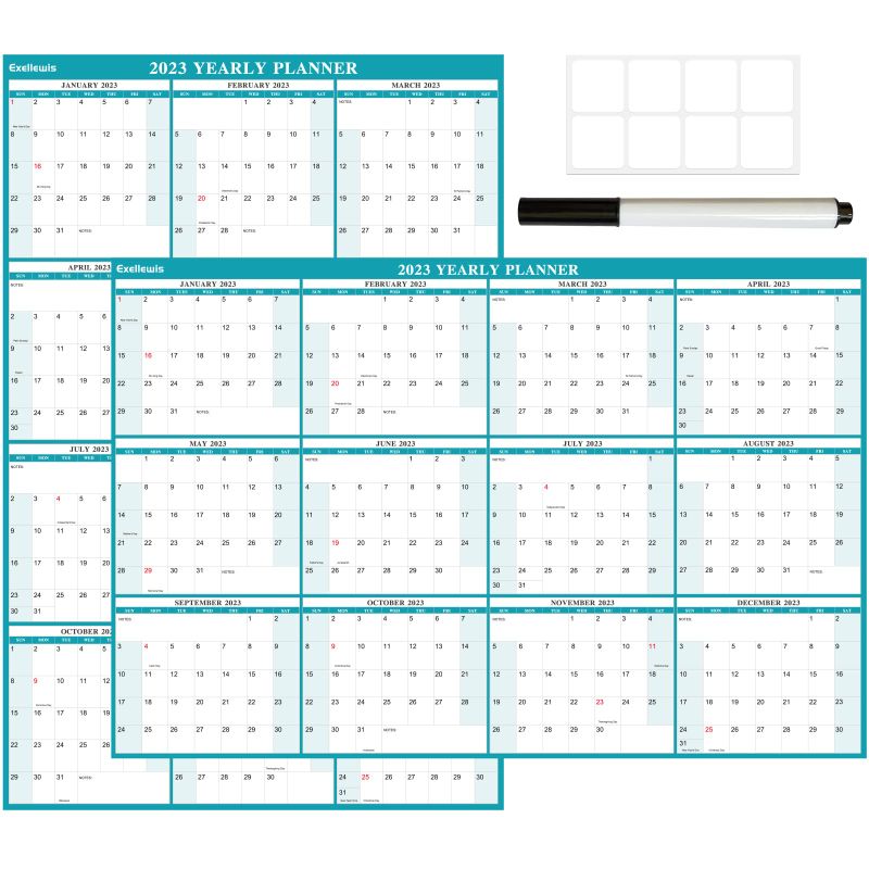 Photo 1 of 24" x 36" Exellewis 2023 Wall Calendar Erasable, Wet & Dry Erase for Wall Large Laminated Annual Yearly Planner- 12 Month Horizontal/Vertical Calendar January to December for Easy Planning, Organizing (Green) (3 PACK)