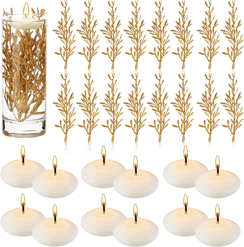 Photo 1 of 32 Pieces Faux Flowers for Floating Candles, 12 Unscented Floating Candles for Centerpieces, 6 Inch Flower Filler Vase Fillers Filling in Floating Candles for Wedding Dinning Table (Gold)
