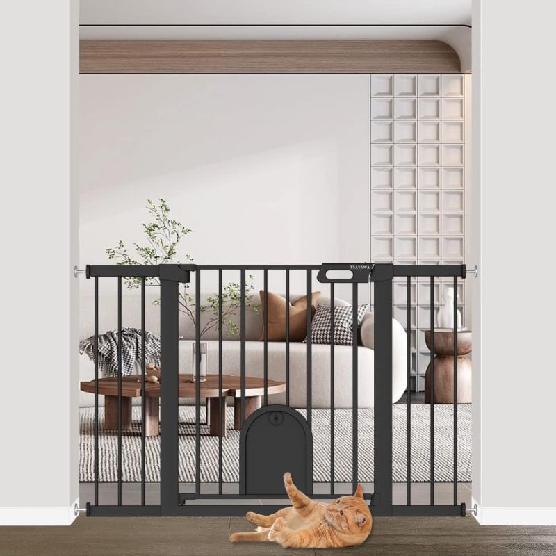 Photo 1 of Baby Gate with Cat Door 30" to 48" Wide Black - Walk Through Small Pet Gate for Kitten Puppy Dogs Doorway Stair - Pressure Mounted Child Safety Gate Stand 30inch Tall
