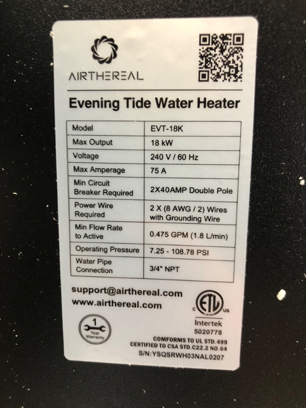 Photo 4 of Airthereal Electric Tankless Water Heater 18kW, 240Volts - Endless On-Demand Hot Water - Self Modulates to Save Energy Use - Small Enough to Install Anywhere - for 2 Showers, Evening Tide series