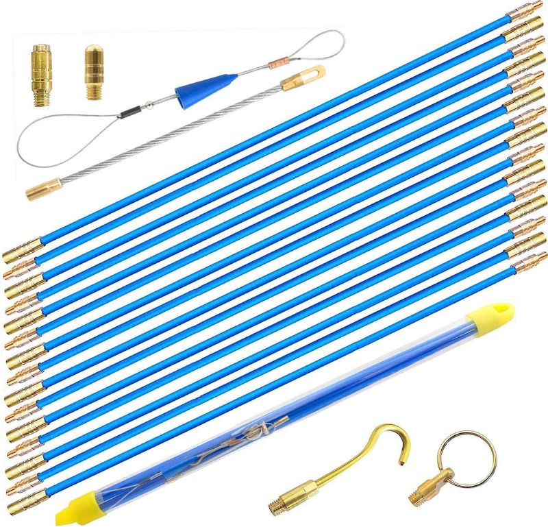 Photo 1 of 50' Fiberglass Cable Wire Running Rod Coaxial Electrical Connectable Fish Tape Pull Kit With Hook And Hole Kit In Transparent Tube, Blue
