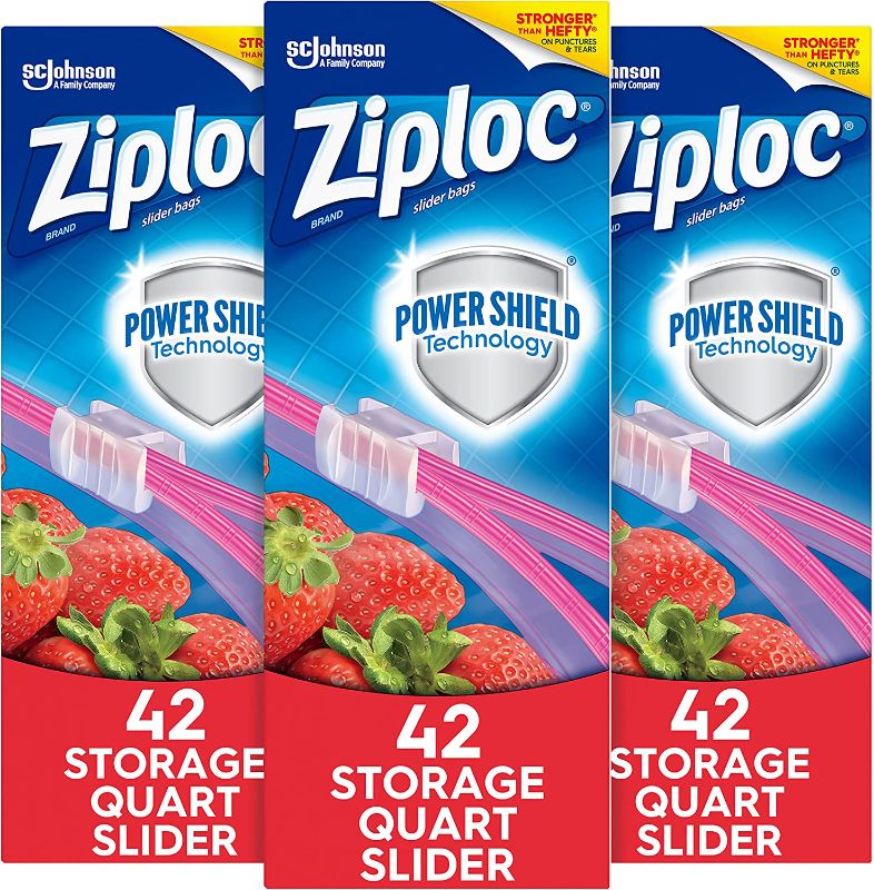 Photo 1 of Ziploc Slider Storage Bags with New Power Shield Technology, For Food, Sandwich, Organization and More, Quart, (42 Count (Pack of 3), 126 Total Bags) ------ FACTORY SEALED