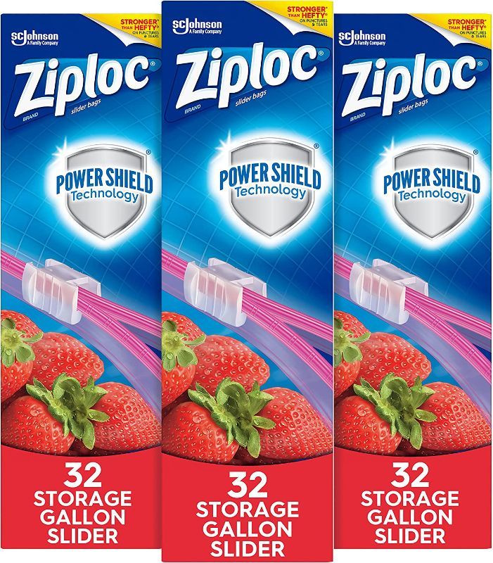 Photo 1 of Ziploc Slider Storage Bags with New Power Shield Technology, Gallon, 32 Count, Pack of 3 (96 Total Bags) ------ FACTORY SEALED
