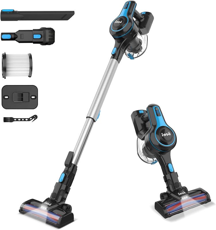 Photo 1 of INSE Cordless Vacuum Cleaner, 6-in-1 Rechargeable Stick Vacuum with 2200 m-A-h Battery, Powerful Lightweight Vacuum Cleaner, Up to 45 Mins Runtime, for Home Hard Floor Carpet Pet Hair-N5S Azure ------- DIRTY FROM PREVIOUS USE, HEAD EXTENSION DOES NOT WORK