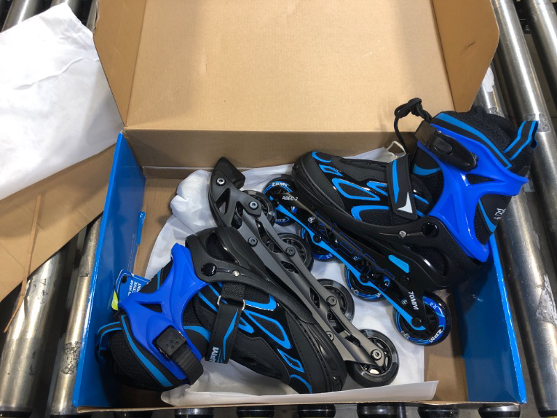 Photo 3 of 2PM SPORTS Vinal Girls Adjustable Flashing Inline Skates, All Wheels Light Up, Fun Illuminating Skates for Kids and Men- Azure Small (1Y-4Y US) Azure & Blue Medium - Big Kid (1-4 US)