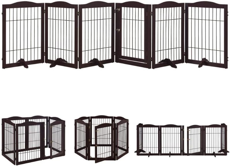 Photo 1 of beeNbkks Pet Playpen with Wire, Extra Wide 6 Panels Freestanding Wooden Dog Gate with Walk Through Door and 5 Support Feet, Foldable Pet Exercise Pen
