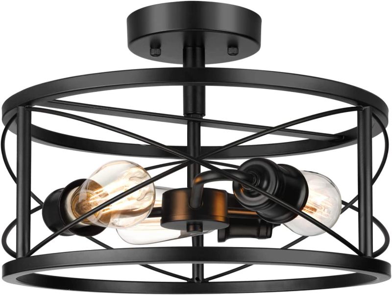 Photo 1 of 3-Light Semi Flush Mount Ceiling Light, Modern Farmhouse Lighting Fixture with Metal Cage, Black Vintage Retro Pendant Lamp for Hallway Kitchen Bedroom Living Room Bathroom Entryway ----- FACTORY SEALED