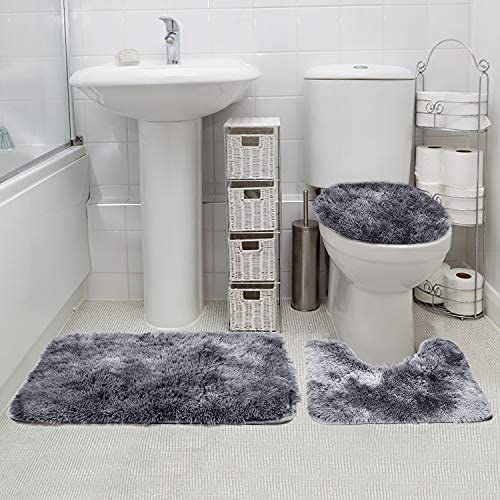 Photo 1 of 3 Piece Bath Rugs Set, Bath Rug + Contour Mat + Toilet Seat Cover, Super Soft Microfiber Water Absorbent & Non-Slip Bathroom Rugs with PVC Point Rubber Backing, Machine Washable (Grey)
