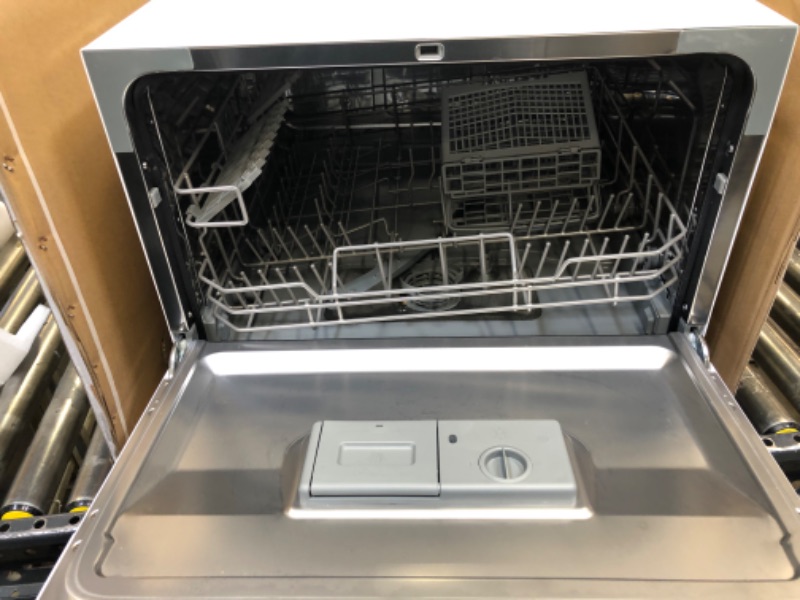 Photo 4 of Farberware Professional FCD06ABBWHA Compact Portable Countertop Dishwasher with 6 Place Settings and Silverware Basket, LED Display, Energy Star, White ------ BOX DAMAGED
