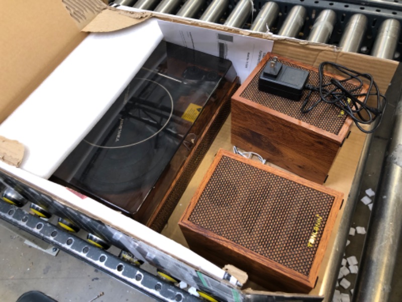 Photo 3 of Vinyl Record Player with External Speakers, 3 Speed Bluetooth Turntable for Vinyl Records, Vintage Belt Drive Record Player with Stereo Speakers and Auto Stop, RCA Audio Out and Aux-in, Light Wood Light Brown ----- OUT OF THE BOX NEW