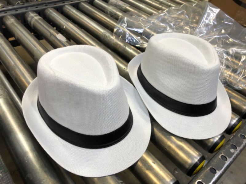 Photo 1 of 2 Pack Short Brim Fedora Classic Summer Beach Sun Hat Panama Cap for Men Women 7 1/4 - L White
