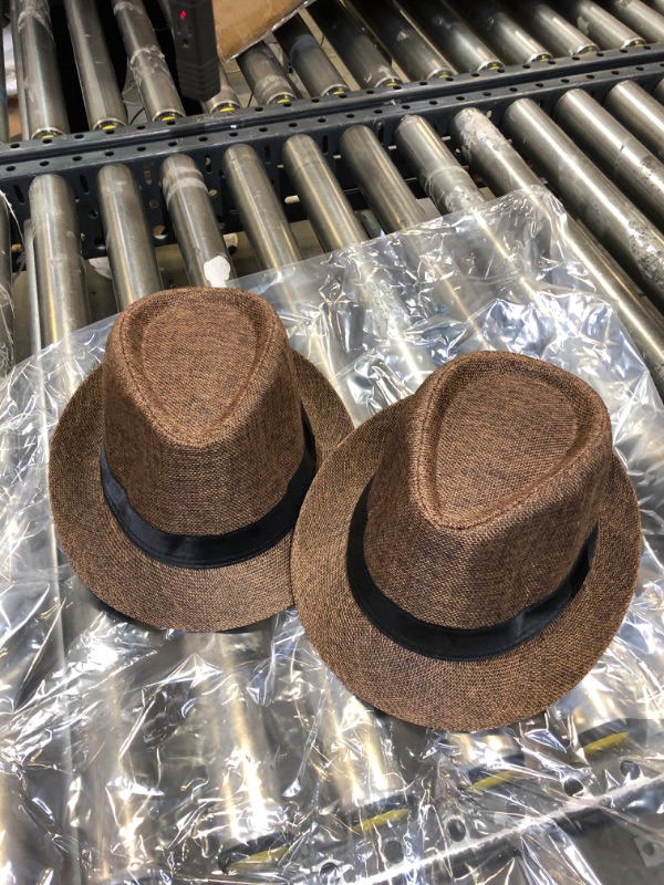Photo 1 of 2 Pack Short Brim Fedora Classic Summer Beach Sun Hat Panama Cap for Men Women 7 1/4 - L Brown