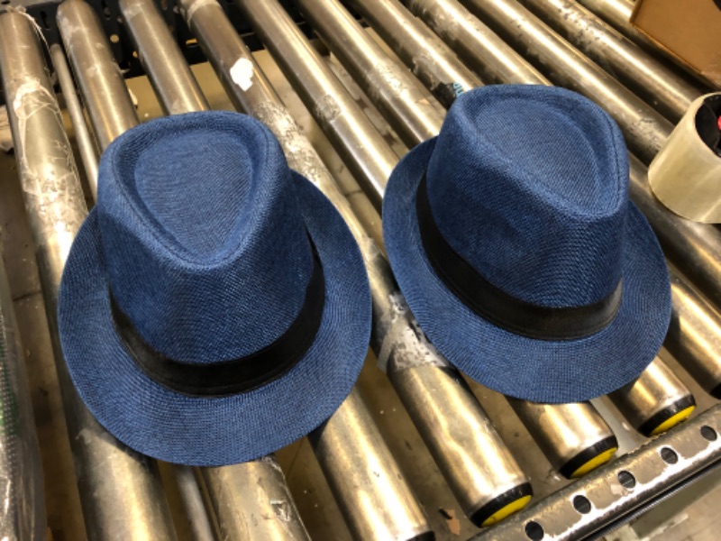 Photo 1 of 2 Pack Short Brim Fedora Classic Summer Beach Sun Hat Panama Cap for Men Women 7 1/4 - L Blue SIZE 58 