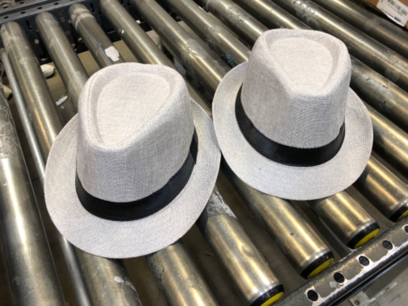 Photo 1 of 2 Pack Short Brim Fedora Classic Summer Beach Sun Hat Panama Cap for Men Women 7 1/4 - L  Light Grey