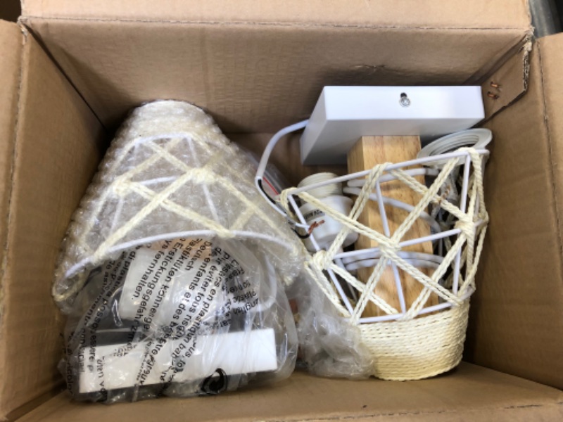 Photo 3 of White Wall Sconce Set of Two,Boho Rattan Wall Sconces Light Fixtures with Metal Cage Shade,Handmade Hemp Rope Woven Decor Hardwired Indoor Farmhouse Lighting for Bedroom, Kitchen, Bathroom, Hallway Wooden and White ------- OUT OF THE BOX NEW