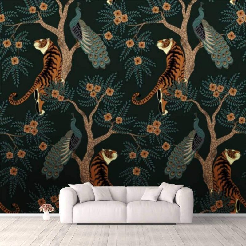 Photo 1 of 3 PK 3D Wallpaper tiger and peacock Seamless pattern with tiger and peacock on tree with Self Adhesive Bedroom Living Room Dormitory Decor Wall Mural Stick And Peel Background Wall Ceiling Wardrobe Sticker Size:98.4"x68.9"-250x175cm (WxH)


