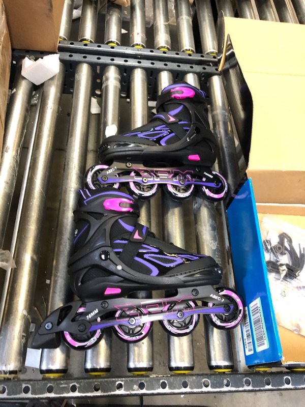 Photo 2 of 2PM SPORTS Vinal Girls Adjustable Flashing Inline Skates, All Wheels Light Up, Fun Illuminating Skates for Kids and Men- Azure Small (1Y-4Y US) Violet & Magenta Large - Youth (4-7 US)