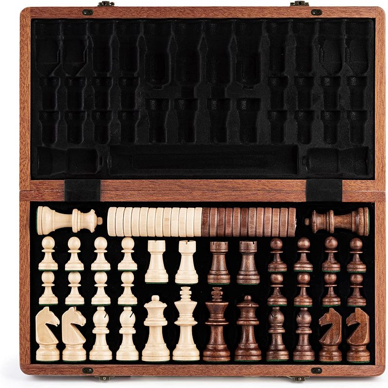 Photo 1 of A&A 15 inch Wooden Folding Chess & Checkers Set w/ 3 inch King Height Staunton Chess Pieces - Mahogany Box w/ Mahogany & Maple Inlay ------ FACTORY SEALED