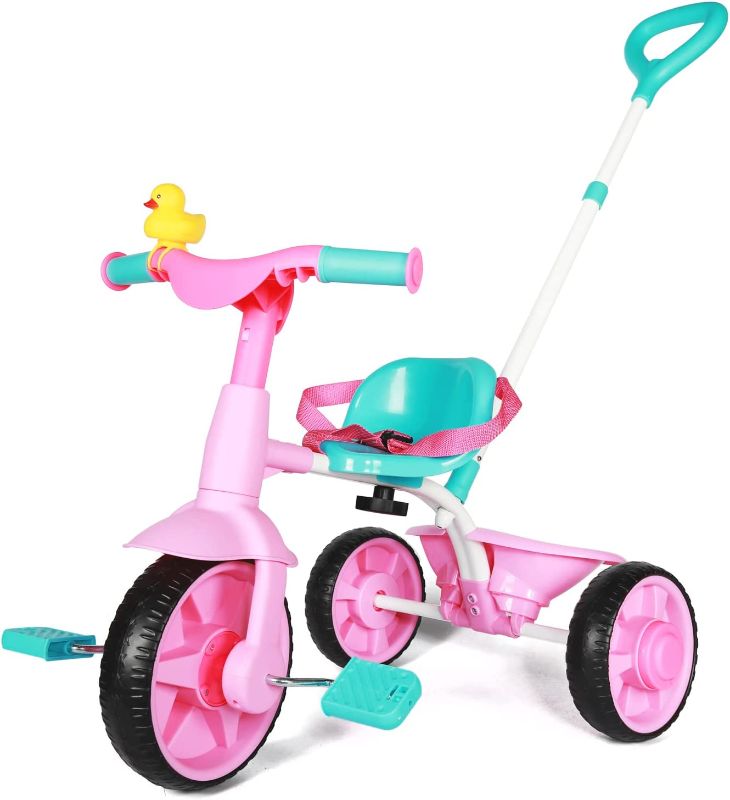 Photo 1 of KRIDDO 2 in 1 Kids Tricycles Age 18 Month to 3 Years, EVA Wheels Upgraded, Gift Toddler Tricycle, Trikes for Toddlers 2 to 3 Year Old with Push Handle and Duck Bell, Pink
