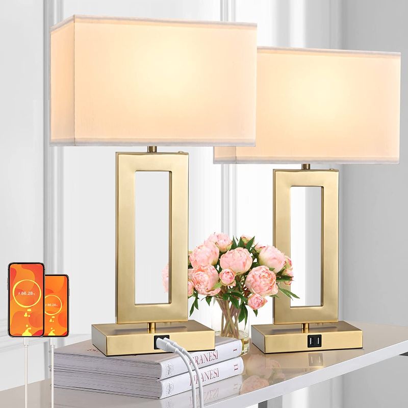 Photo 1 of 22’’ Set of 2 Touch Control Table Lamps w. 2 USB Ports, 3-Way Dimmable Bedroom Bedside Nightstand Touch Lamps, Modern Gold&White Lamps for Living Room End Table, LED Bulbs Included --------- BOX DAMAGED, SHADES ARE DAMAGED AS SHOWN IN PICTURES