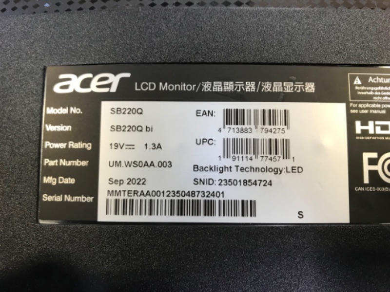 Photo 5 of Acer SB220Q - LED monitor - 21.5" - 1920 x 1080 Full HD (1080p) @ 75 Hz - IPS - 250 cd/m?????? - 4 ms - HDMI, VGA - black
