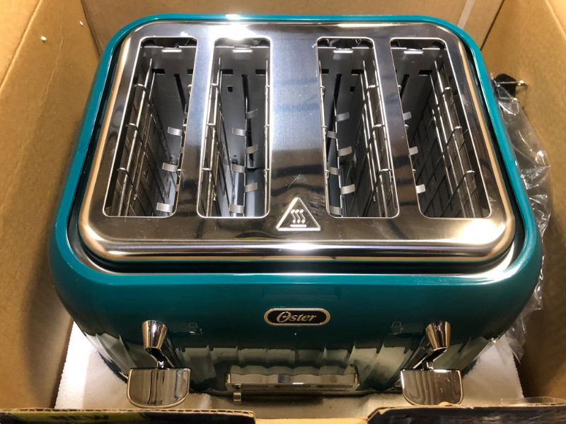 Photo 2 of Oster 4-Slice Extra Wide Slot Pop Up Toaster with 9 Shade Settings, Removable Crumb Tray, and Quick Check Lever, Teal w/ Chrome Accents